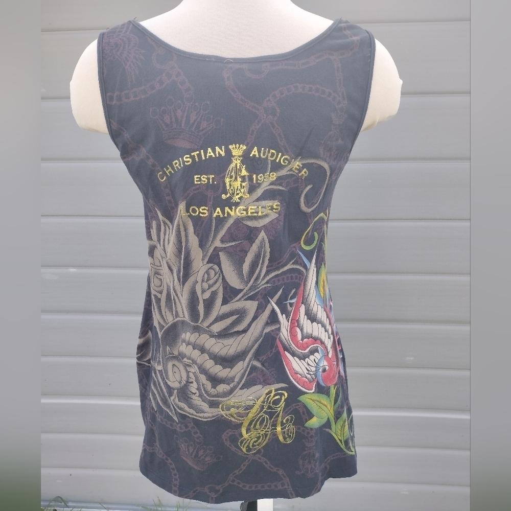Christian Audigier Y2K Womens Black Rhinestone Roses Tank Top Blouse M - Picture 5 of 11
